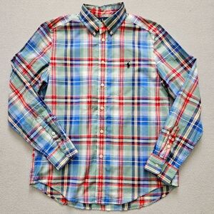 Ralph Lauren Boys Dress Shirt Long Sleeve Green Plaid Button Down Size L (14-16)